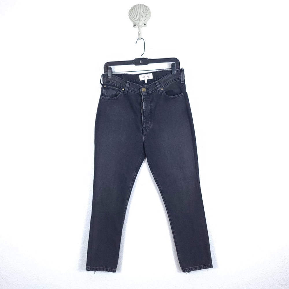 THE GREAT. High Rise Straight Leg Button Fly Jeans Black Wash